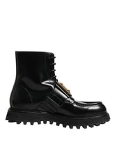Dolce & Gabbana Schwarze Leder DG Plaque Schnürstiefel Schuhe