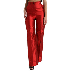 Dolce & Gabbana Rote Satinseidenhose mit hoher Taille und weitem Bein