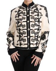 Dolce & Gabbana Weiße Wolljacke mit schwarzem Blumen-Barockmuster