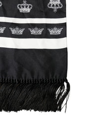 Dolce & Gabbana Schwarzer Seidenschal mit Kronenfransen 173cm x 32.5cm