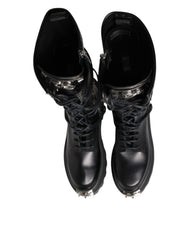Dolce & Gabbana Schwarze kniehohe Combat-Stiefel aus Leder