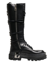 Dolce & Gabbana Schwarze kniehohe Combat-Stiefel aus Leder