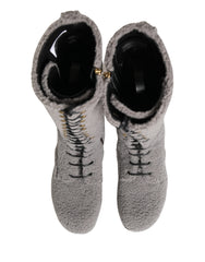 Dolce & Gabbana Graue Shearling-Schnürstiefel, kniehoch