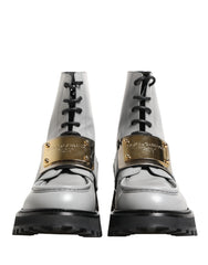Dolce & Gabbana Gray Leather Logo Plaque Ankle Boots Shoes