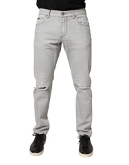 Dolce & Gabbana Hellgraue reguläre Jeans aus gerissener Baumwolle