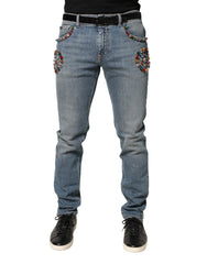 Dolce & Gabbana Blaue verzierte lockere Baumwoll-Jeans für Herren
