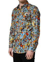 Dolce & Gabbana Blaues Baumwollhemd mit Juwelen-Print und Knöpfen GOLD