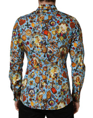Dolce & Gabbana Blaues Baumwollhemd mit Juwelen-Print und Knöpfen GOLD