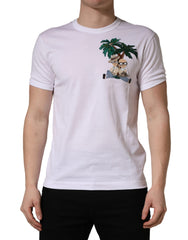 Dolce & Gabbana Weißes T-Shirt für Herren mit Palmenstickerei und Rundhalsausschnitt