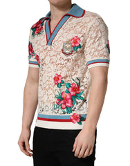 Dolce & Gabbana Beige Florales Tennis Club Spitzenpolo-T-Shirt