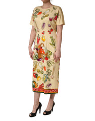 Dolce & Gabbana beiges Etui-Seidenmidikleid mit Frucht-Tupfenmuster