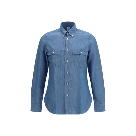 Finamore Blue Cotton Dress Shirt