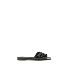 Saint Laurent Schwarze Kalbsleder Bos Taurus Flache Sandalen
