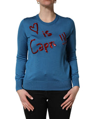 Dolce & Gabbana Blue Silk Sequined CrewNeck Pullover Sweater