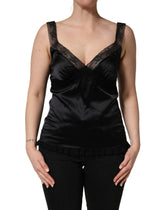 Dolce & Gabbana Zwarte Zijden Camisole Tanktop met Kanten Afwerking en V-hals