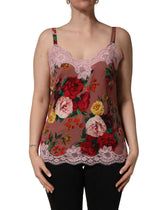 Dolce & Gabbana Bruin Satijnen Tanktop met Rozenprint en Kant