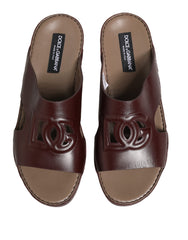 Dolce & Gabbana Maroon Leather Cutout DG Logo Sandals Shoes