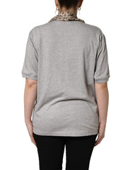 Dolce & Gabbana Gray Cotton V-neck Owl Silk Scarf Top T-shirt