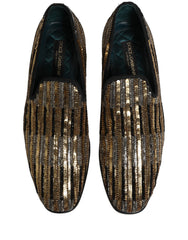 Dolce & Gabbana Gold Striped Sequin Embellished Loafer Shoes