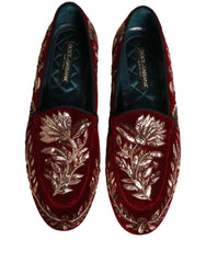 Dolce & Gabbana Red Velvet Floral Embroidery Loafers Shoes