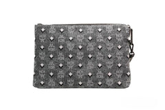 MCM Veritas Medium Dark Grey Denim Monogram Logo Canvas Clutch Pouch Handbag