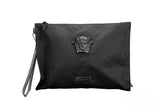 Versace große schwarze Medusa-Pouch-Clutch-Wristlet-Tasche aus Nylonstoff