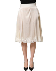 Dolce & Gabbana Off White Lace Trimmed Satin High Waist Skirt