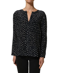 Bruno Manetti Black SIlk Long Sleeves Deep V-neck Blouse Top
