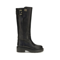 Miu Miu Black Calf Leather Bos Taurus Flat Boots