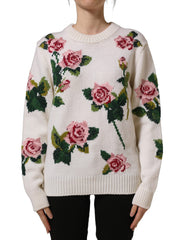 Dolce & Gabbana White Wool Floral Crew Neck Pullover Sweater