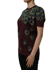Dolce & Gabbana Burgundy Peacock Feather Round Neck T-shirt