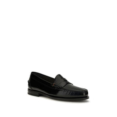 Santoni Black Calf Leather Bos Taurus Slip-On Loafers