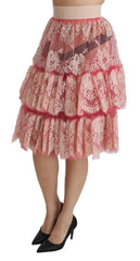Dolce & Gabbana Rosa Spitzen-Lagenrock mit hoher Taille und Knielänge