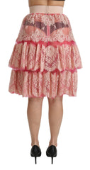 Dolce & Gabbana Rosa Spitzen-Lagenrock mit hoher Taille und Knielänge