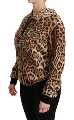 Dolce & Gabbana Brauner Kapuzenpullover mit Nieten und Ayers-Leopard-Muster