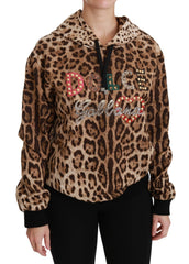 Dolce & Gabbana Brauner Kapuzenpullover mit Nieten und Ayers-Leopard-Muster