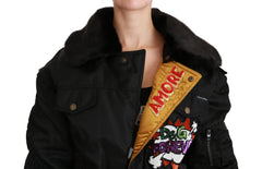 Dolce & Gabbana Schwarze Queen Crown Pailletten Bomberjacke