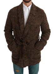 Dolce & Gabbana Brauner Karierter Woll-Robe-Mantel Wickeljacke