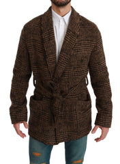 Dolce & Gabbana Brauner Karierter Woll-Robe-Mantel Wickeljacke