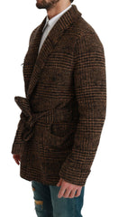 Dolce & Gabbana Brauner Karierter Woll-Robe-Mantel Wickeljacke