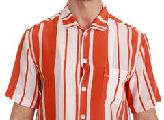 Dolce & Gabbana orangefarbenes gestreiftes kurzärmeliges Seidenhemd in Weiß