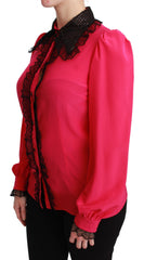 Dolce & Gabbana Rosa Seiden Bluse mit schwarzen Pailletten und Spitze