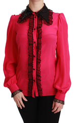 Dolce & Gabbana Rosa Seiden Bluse mit schwarzen Pailletten und Spitze
