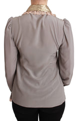 Dolce & Gabbana Graue Seidenbluse mit goldenen Pailletten und Spitze