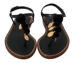 Dolce & Gabbana Schwarze Leder Flip-Flops Sandalen Schuhe mit Münzen