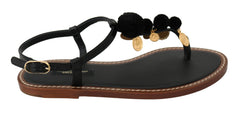Dolce & Gabbana Schwarze Leder Flip-Flops Sandalen Schuhe mit Münzen