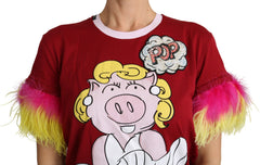 Dolce & Gabbana Rotes T-Shirt mit Schweinchen-Print und Federärmeln