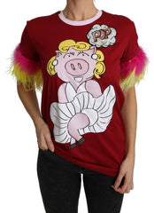 Dolce & Gabbana Rotes T-Shirt mit Schweinchen-Print und Federärmeln