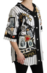 Dolce & Gabbana Weiße und schwarze Bluse Baumwolle Kristallanhänger Amore Hemd