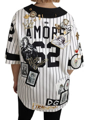 Dolce & Gabbana Weiße und schwarze Bluse Baumwolle Kristallanhänger Amore Hemd